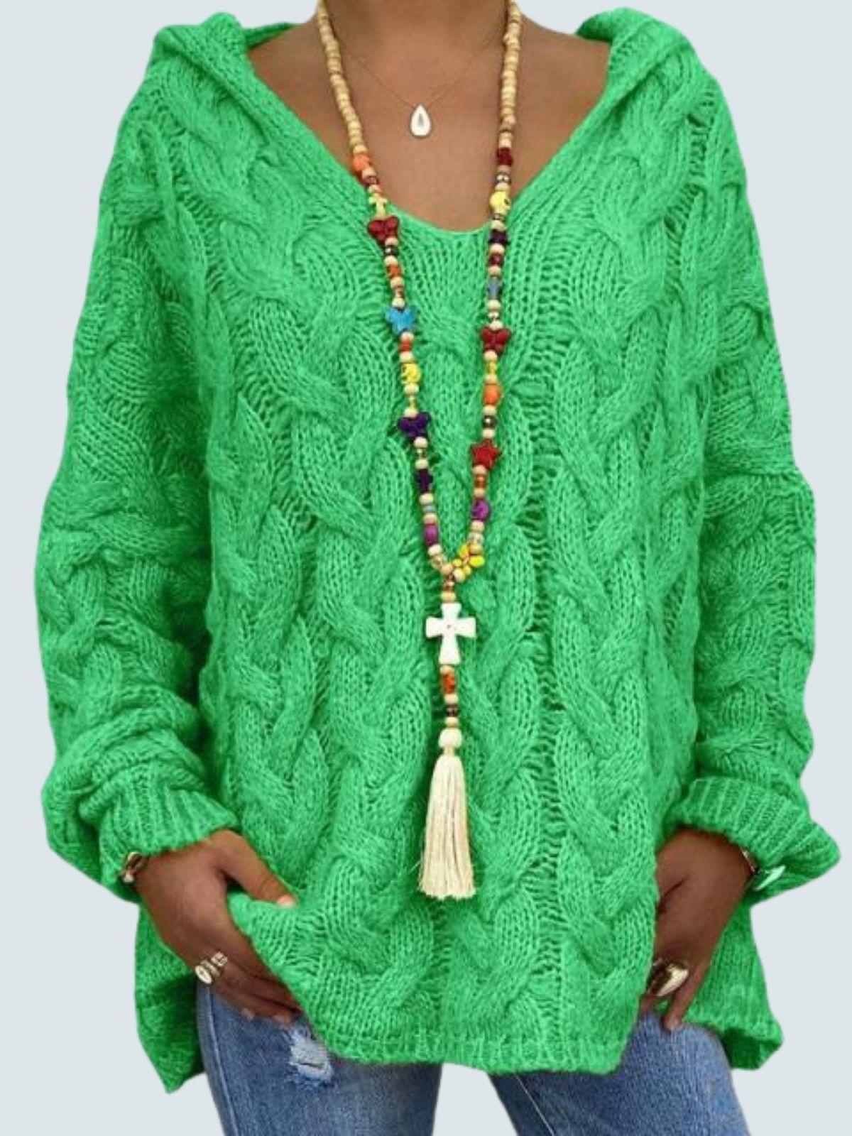 Women's Braid Knit Long Sleeve Hooded Sweater Green