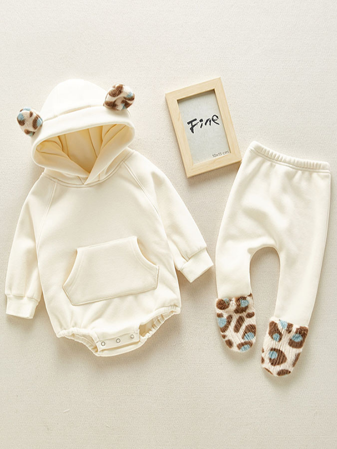 Baby Winter Cute Cub Plush Hooded Sweater and Footie Pants Set Creme