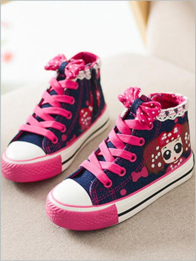 Girls Pink Denim Doll Face Sneakers By Liv and Mia