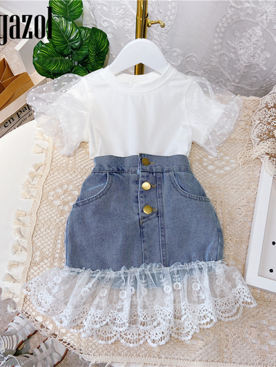 Girls Look Better in Lace Top and Denim Skirt Set