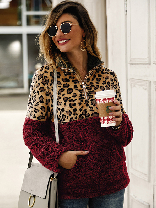 Women's Lady Leopard Plush Quarter-Zip Sweater Burgundy