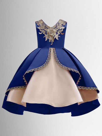Girls Winter Formal Dress | Gold Embroidered Hi-Lo Holiday Dress
