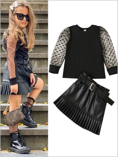 Girls Spring Outfits | Swiss Tulle Sleeve Top & PU Leather Skirt Set