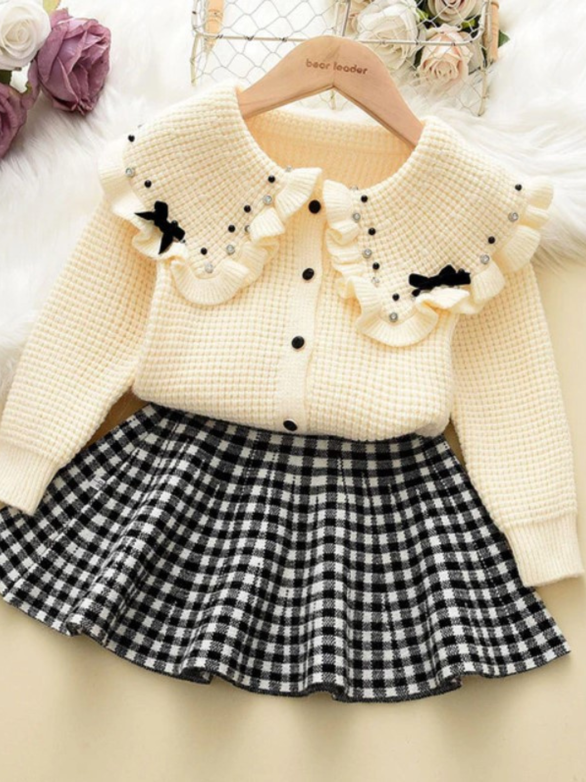 Stylish Strolls Waffle Knit Sweater & Gingham Skirt Set