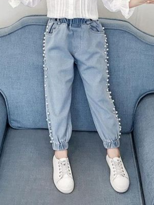 Kids Denim Clothes | Pearl Embellished Cuffed Jeans | Mia Belle Girls