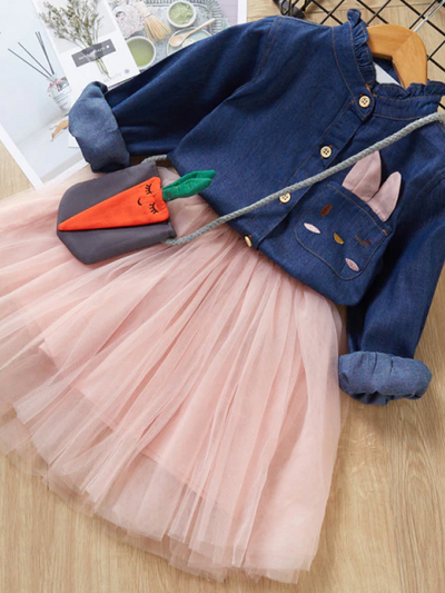 Girls Pink Dress | Bunny Print Denim Tutu Dress | Mia Belle Girls