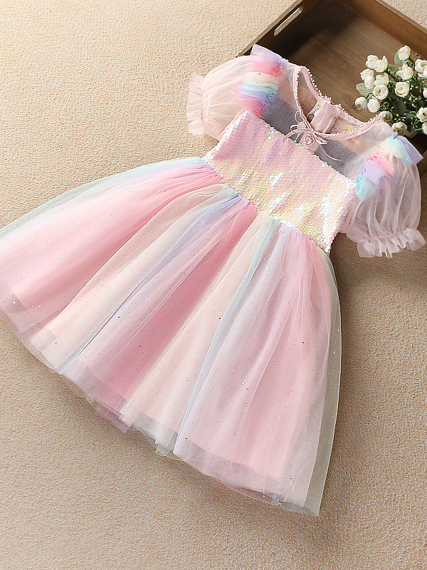 Girls Spring Dress | Sheer Sleeve Sequin Bodice Pastel Rainbow Dress