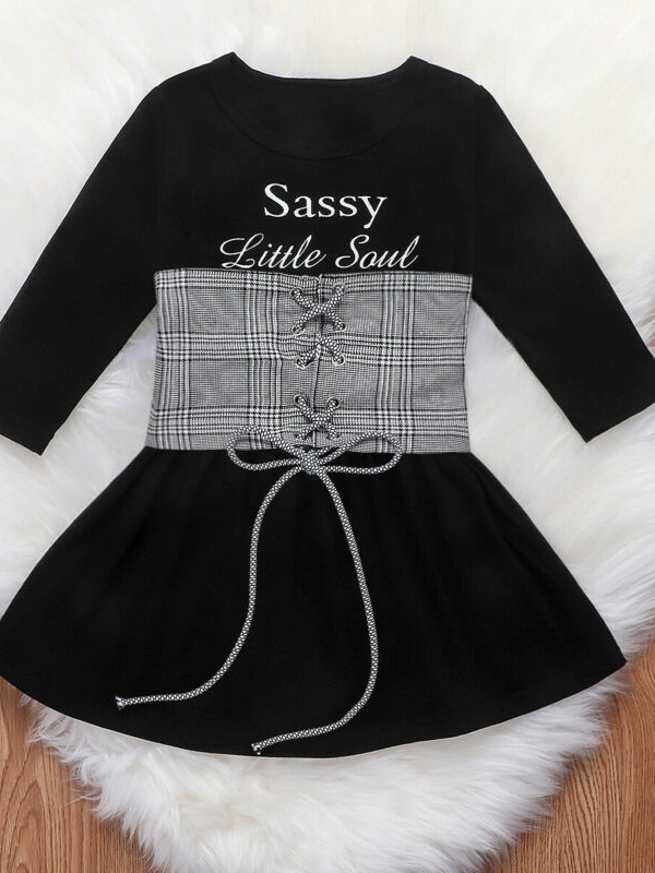 Girls set features a black dress with a "Sassy Little Soul" print and plaid belt