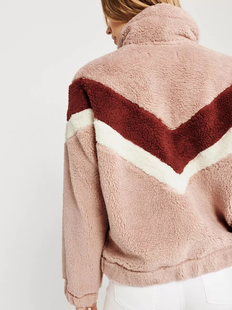 Women's Plush Tri-Color Half-Zip High Collar Sweater Pink