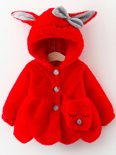Baby Busy Bunny Ear Hooded Button Down Fleece Coat with Purse Pocket- Red