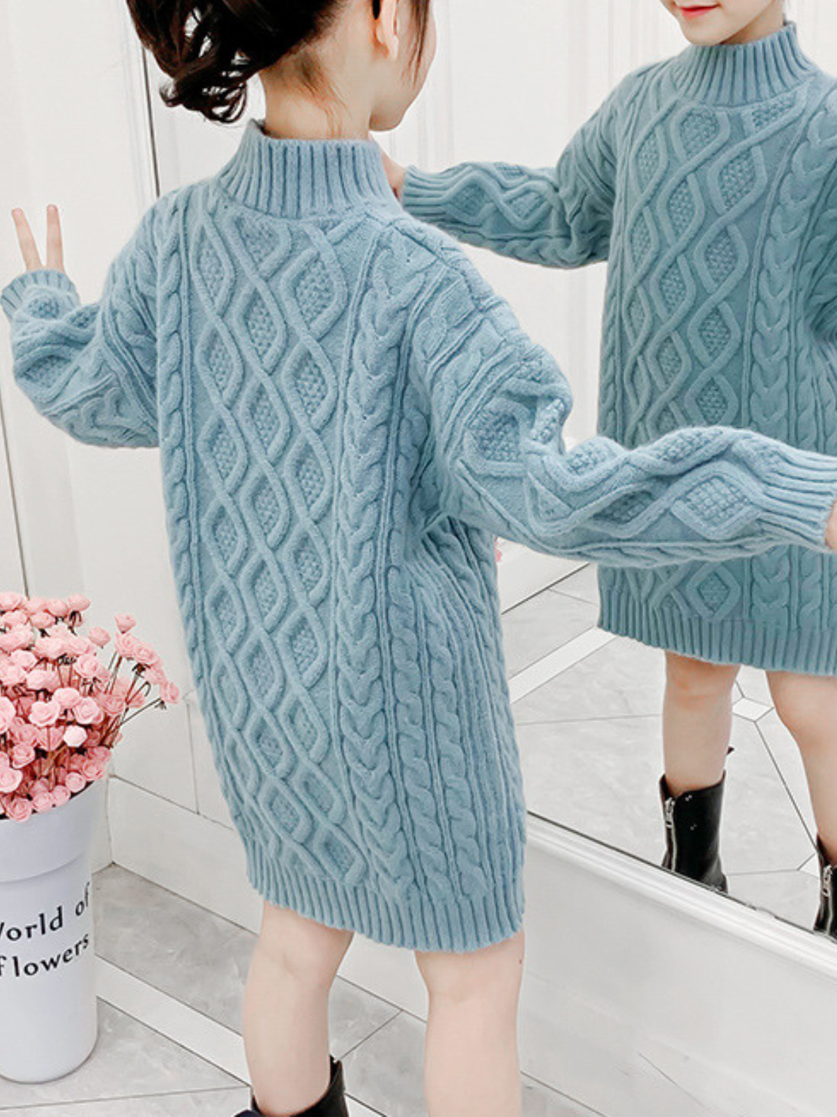 Keep It Cozy Blue Cable Knit Sweater Dress