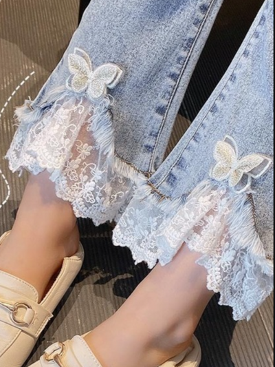 Girls Clothing Sale | Butterfly Lace Hem Jeans  | Girls Boutique