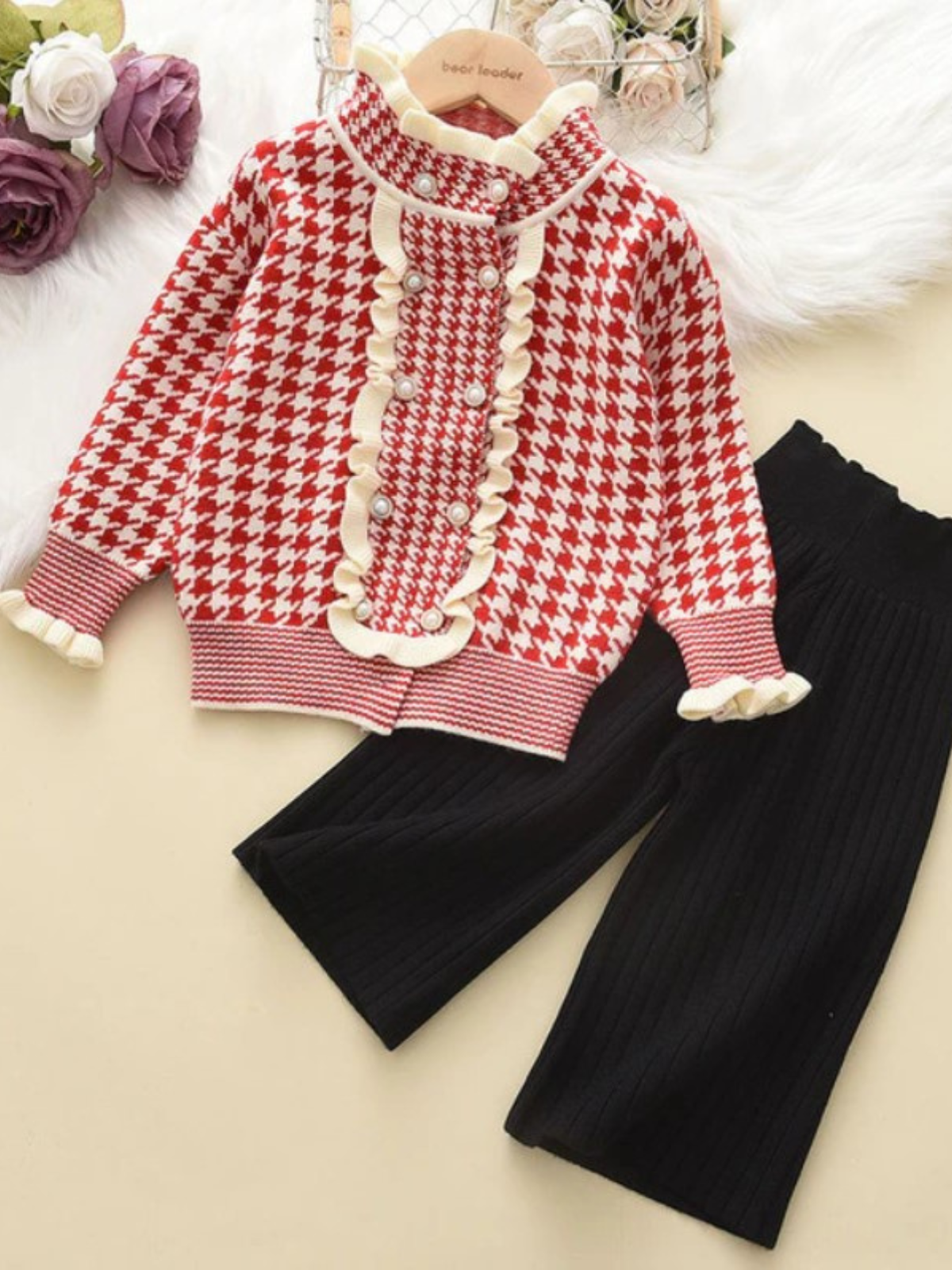 Preppy And Polished Red Houndstooth Sweater And Pants Set
