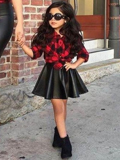 Girls Plaid Button Down Top and Faux Leather Skirt Set