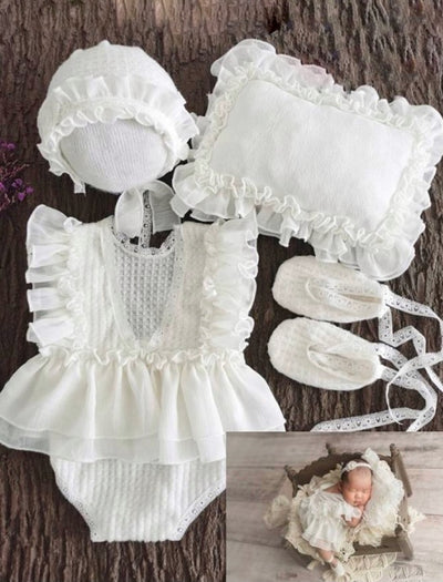 Baby photoshoot skirted onesie with cap, shoes and pillow  white