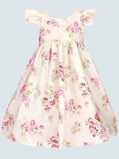 Girls Floral Print Flutter Sleeve Casual Dress - White / 2T - Girls Spring Casual Dress