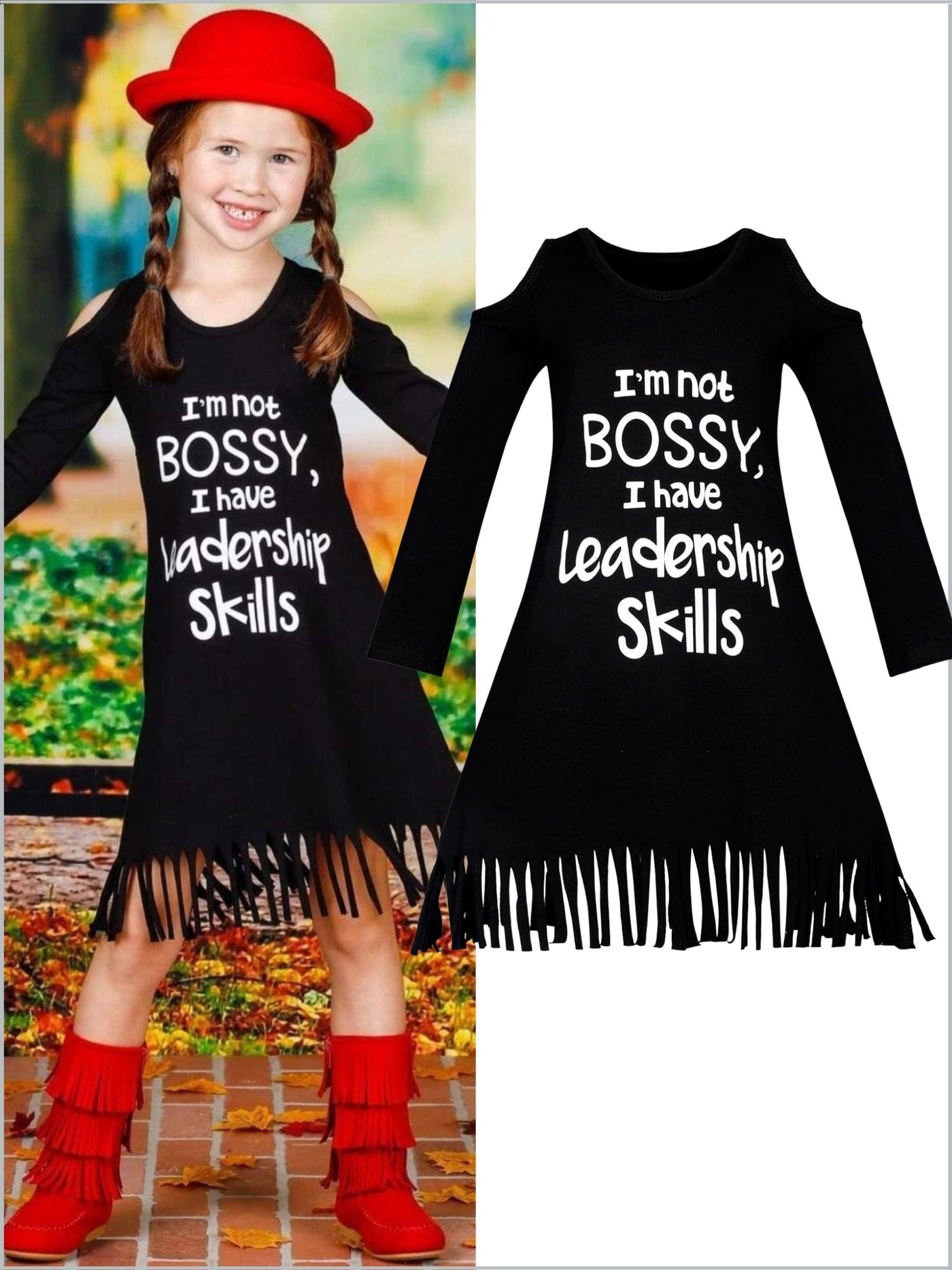 Girls "I'm Not Bossy, I Have Leadership Skills" Cold Shoulder Fringe Graphic Statement Dress