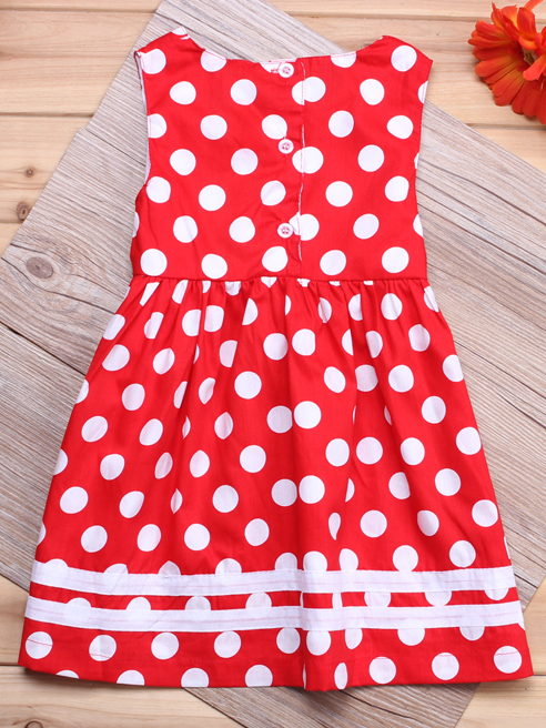 Baby red summer dress has a cute white polka dot print, a white bow at the waist and comes with matching bloomers