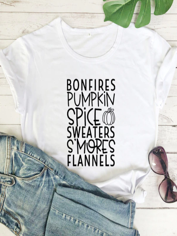 Women's "Bonfires, Pumpkin Spice, Sweaters, S'mores, Flannels" Short-Sleeved Top - Mia Belle Girls - white