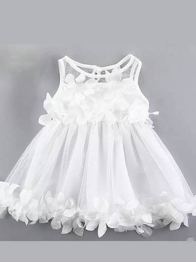 Baby tulle dress has flower applique on the bodice and dress hem white
