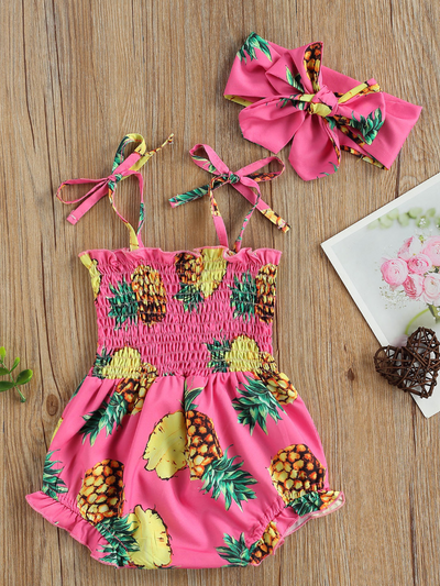 pineapple printed onesie with a stretchy bodice with adjustable shoulder straps with matching headband