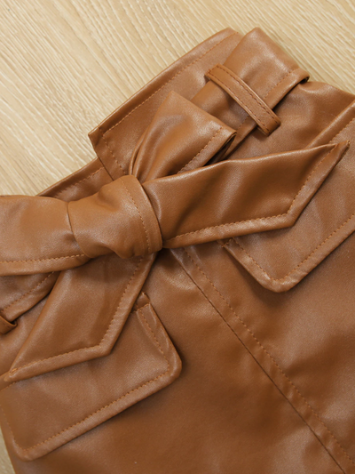 Toddler Outfits | Long Sleeve Fur Shoulder Top & Leather Skirt Set