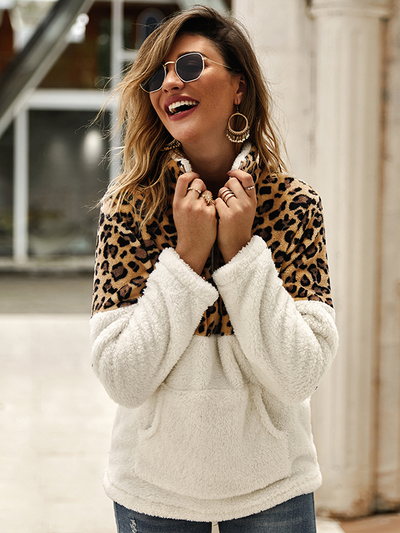 Women's Lady Leopard Plush Quarter-Zip Sweater White