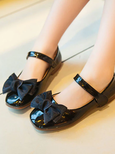 Girls Big Satin Bow Vegan Patent Leather Mary Jane Flats By Liv and Mia - Black