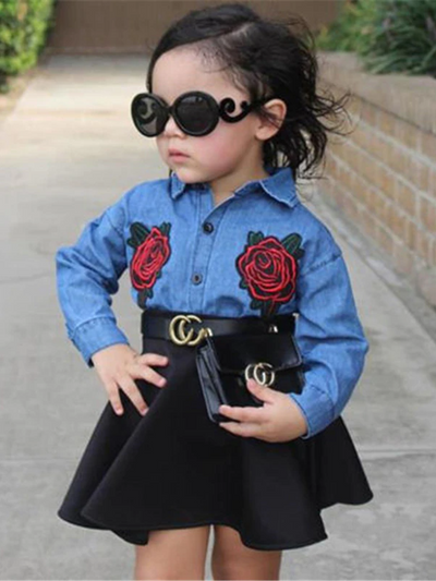Girls Spring Outfits | Chambray Blouse & Black Pleated Skirt Set