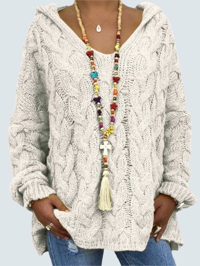 Women's Braid Knit Long Sleeve Hooded Sweater White
