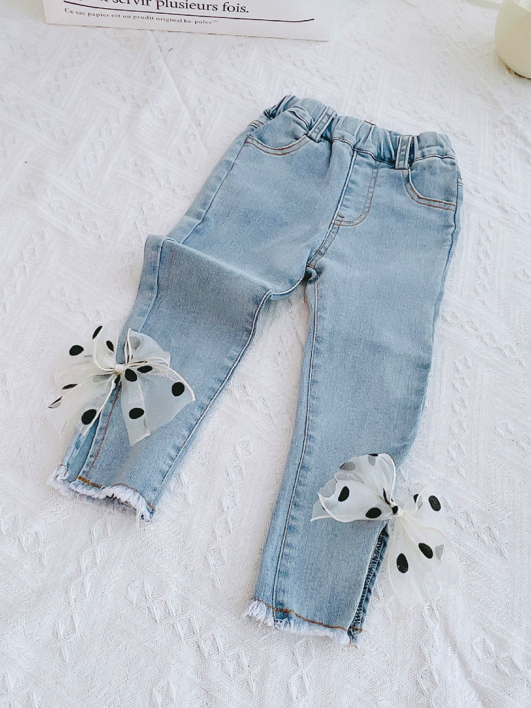 Toddler Clothing Sale | Polka Dot Bow Frayed Jeans  | Mia Belle Girls