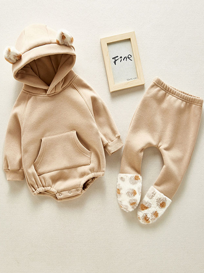 Baby Winter Cute Cub Plush Hooded Sweater and Footie Pants Set Beige