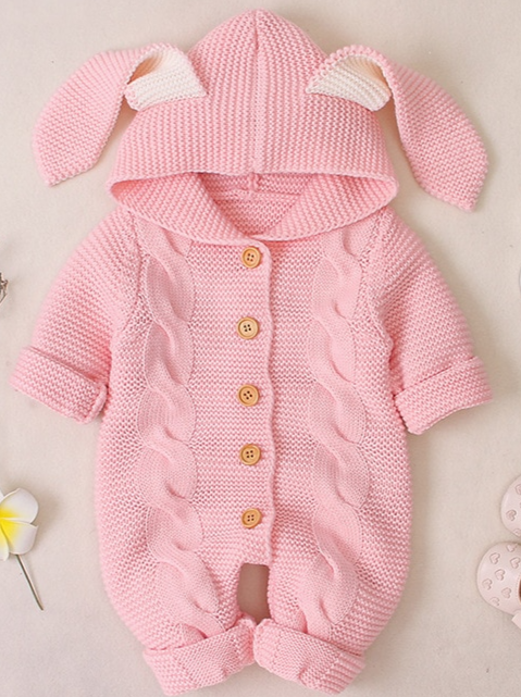 Baby Cute Bunny Cardigan Knit Hooded Romper Onesie Pink