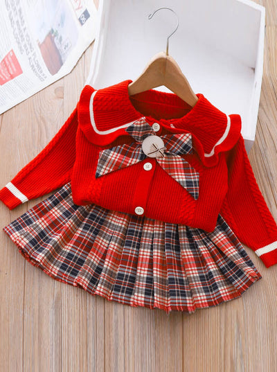 Smart Girls Rule Red Knit Sweater and Checkered Skirt Set