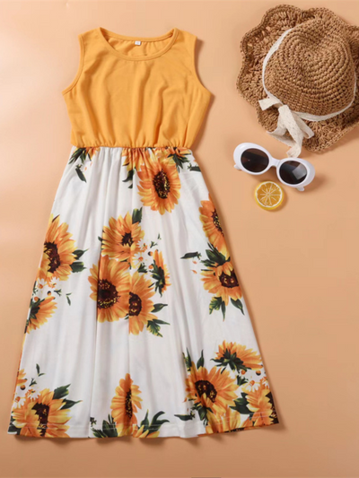 Mommy and me sleeveless maxi dress with yellow tank top bodice and sunflower print skirt - Mia Belle Girls