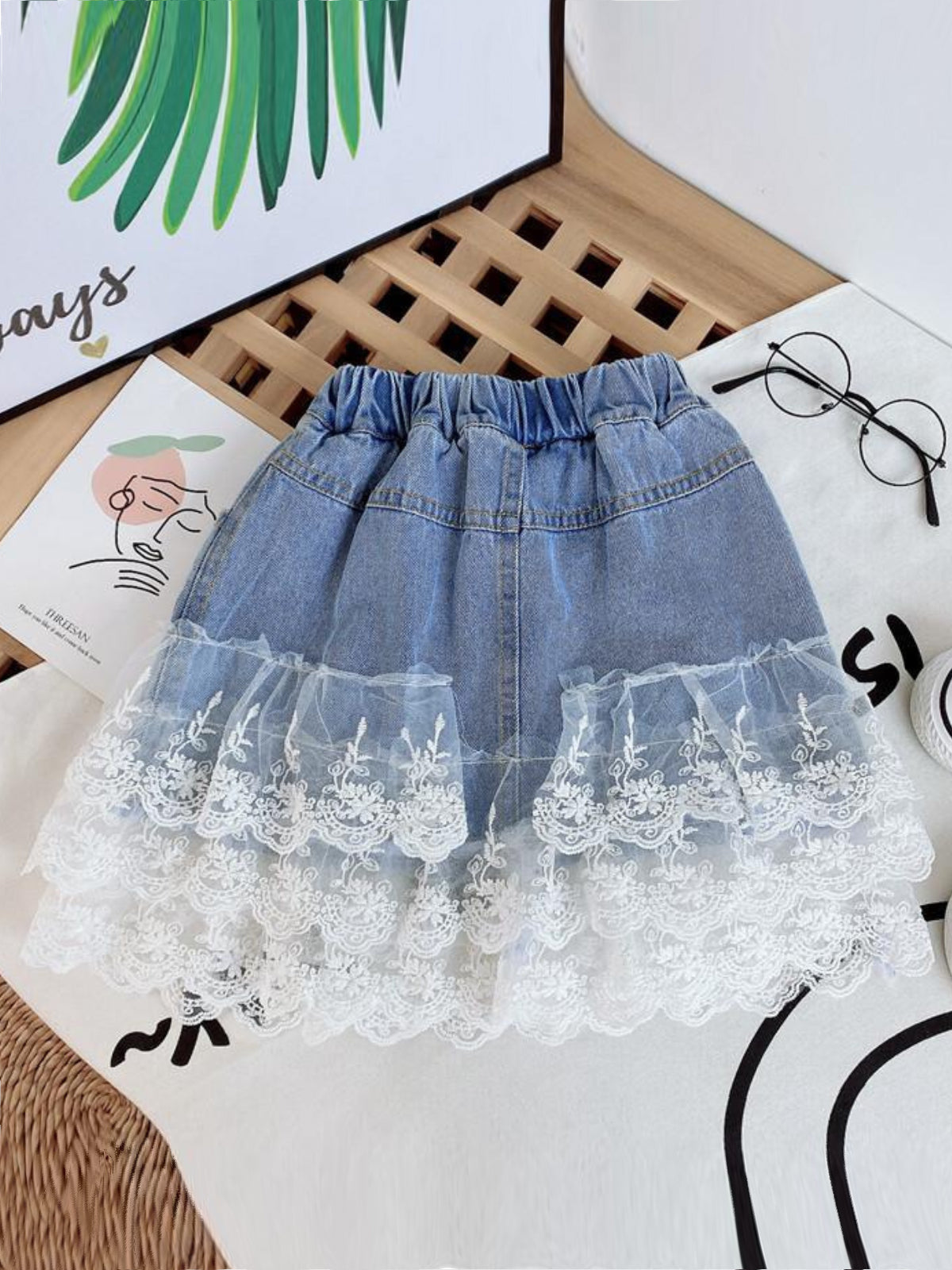 Mia Belle Girls Lace Trim Denim Skirt | Girls Casual