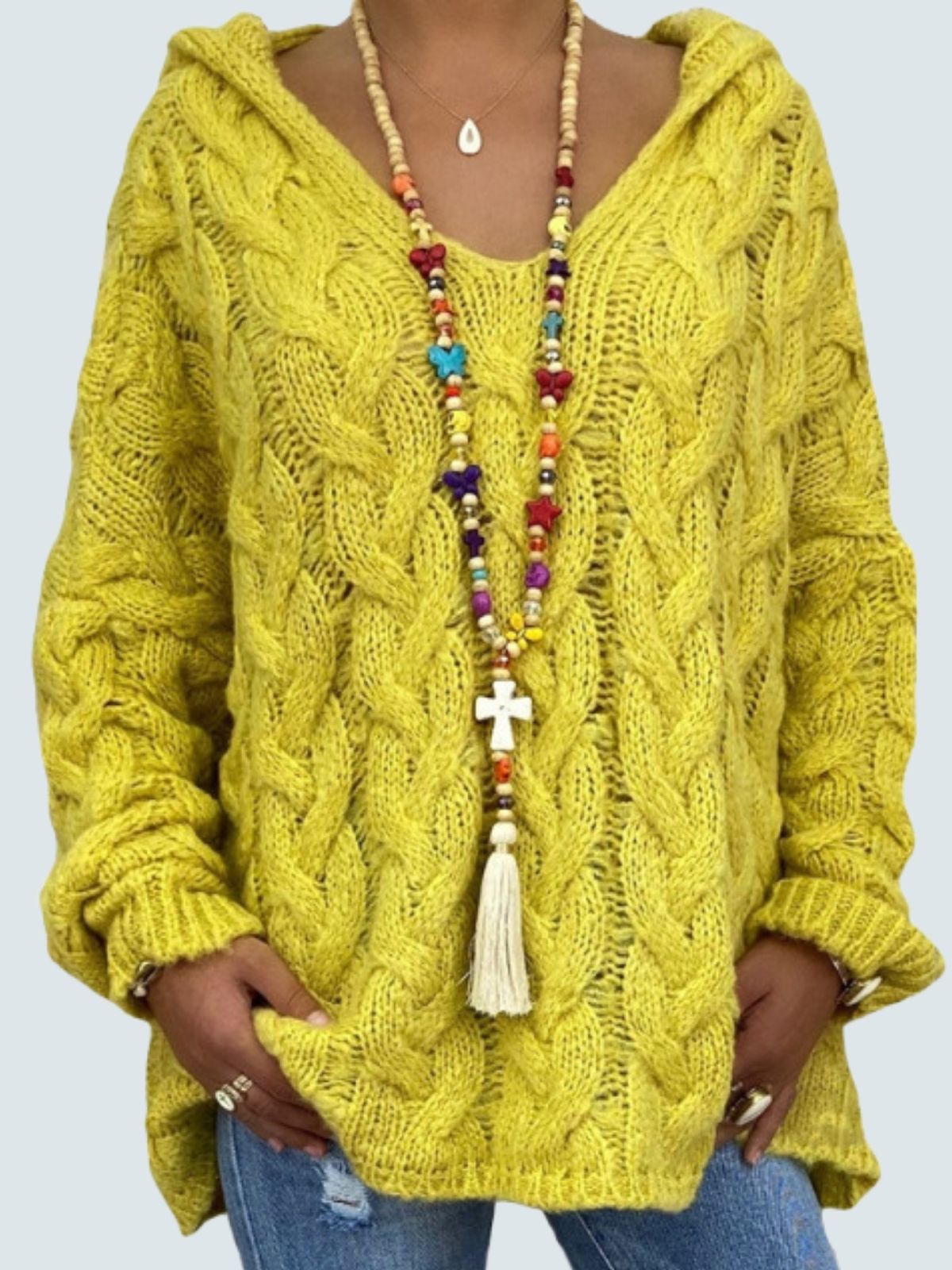 Women's Braid Knit Long Sleeve Hooded Sweater Yellow