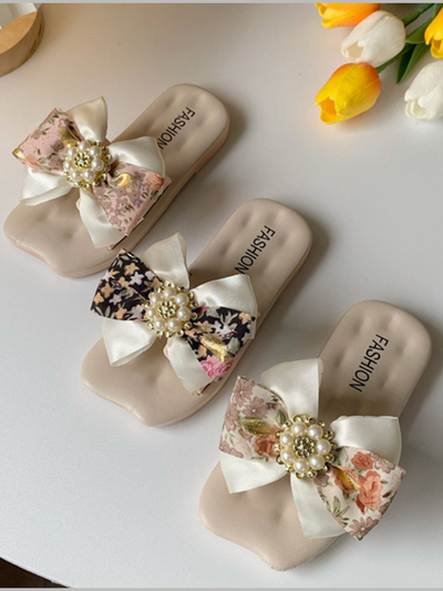 Shoes By Liv & Mia | Girls Pearled Floral Bow Slippers | Kids Shoes