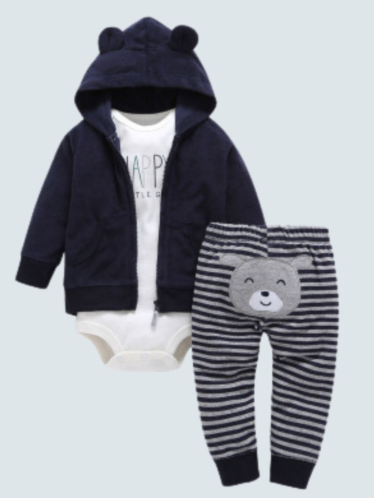 Baby Happy Bear Bottom Hooded Jacket, Onesie, And Legging Set Black