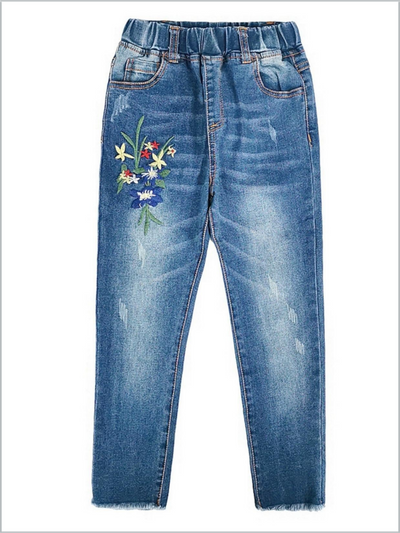 Girls Flower Embroidered Cuffed Jeans