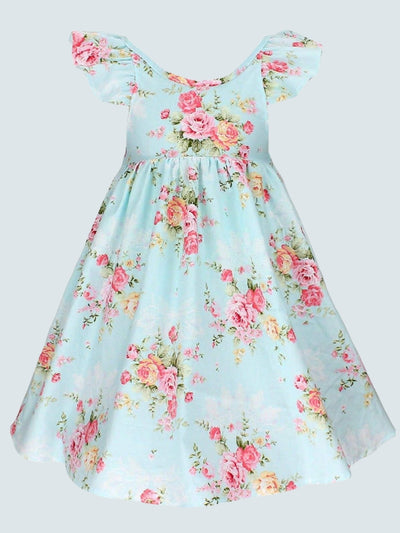 Girls Floral Print Flutter Sleeve Casual Dress - Mint / 2T - Girls Spring Casual Dress