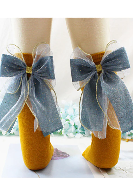 Little girls dressy cotton knee-high socks with a large sequin tulle bow trimmed in gold in back - Mia Belle Girls