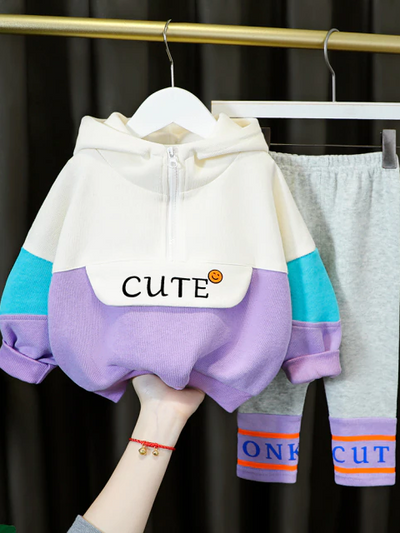 Baby Cute Kiddo Casual Hooded Sweater And Pants Set Purple