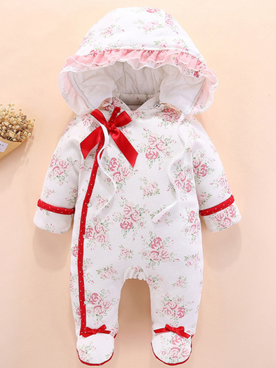 Baby All Dolled Up Floral Hood and Footie Jumpsuit - White