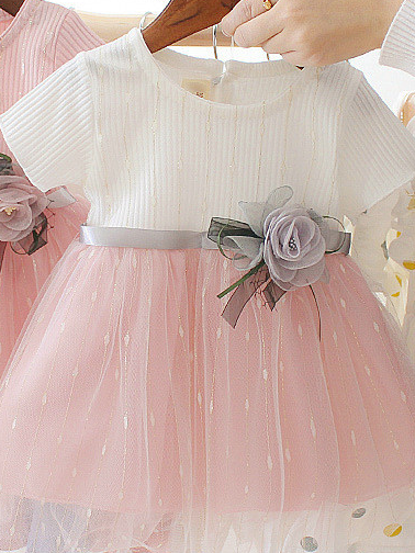 Baby Spring dress has a tulle overlay and a satin belt with a flower applique Pink-White