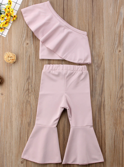 Girls Pink off the shoulder cropped top and bell-bottom pants