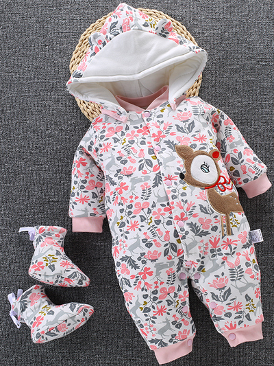 Baby Winter Blooms Floral Print Hooded Romper with Booties - Pink