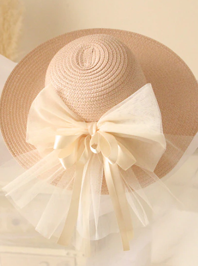 Girls She's All Hat Tulle Bow Straw Hat