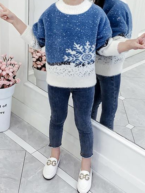 Girls Comfy And Cozy Fuzzy Snowflake Sweater - Blue
