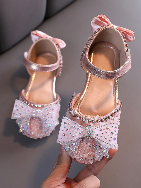 Shoes By Liv & Mia | Girls Rhinestone Bow Velcro Strap Princess Flats